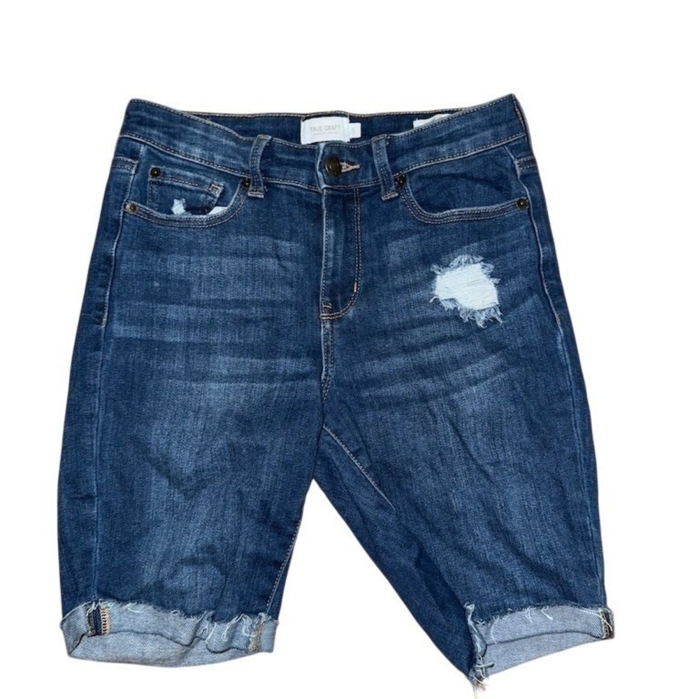 True Craft Bermuda Denim Shorts Womens Sz 5 Dark Wash Distressed Cuffed Y2K jean